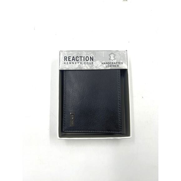 NEW Reaction Kenneth Cole Mens Black Handcrafted Leather Bifold Flip Wallet - Picture 1 of 8